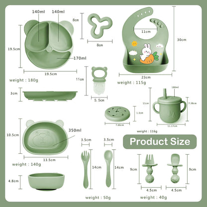 Silicone Baby Feeding Set, 11 Pcs Baby Led Weaning Supplies, Baby Spoons & Forks Suction Bowl Divided Plate Bib Cup, First Stage Solid Food Eating Utensils - 6+ Months (Green)