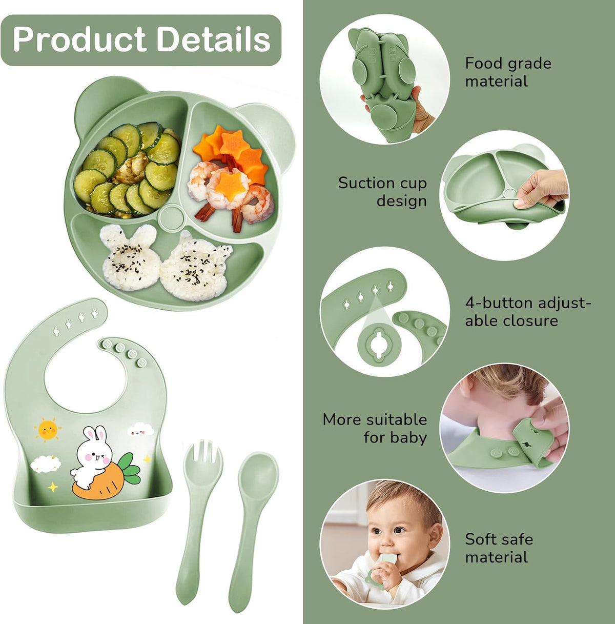 Silicone Baby Feeding Set, 11 Pcs Baby Led Weaning Supplies, Baby Spoons & Forks Suction Bowl Divided Plate Bib Cup, First Stage Solid Food Eating Utensils - 6+ Months (Green)