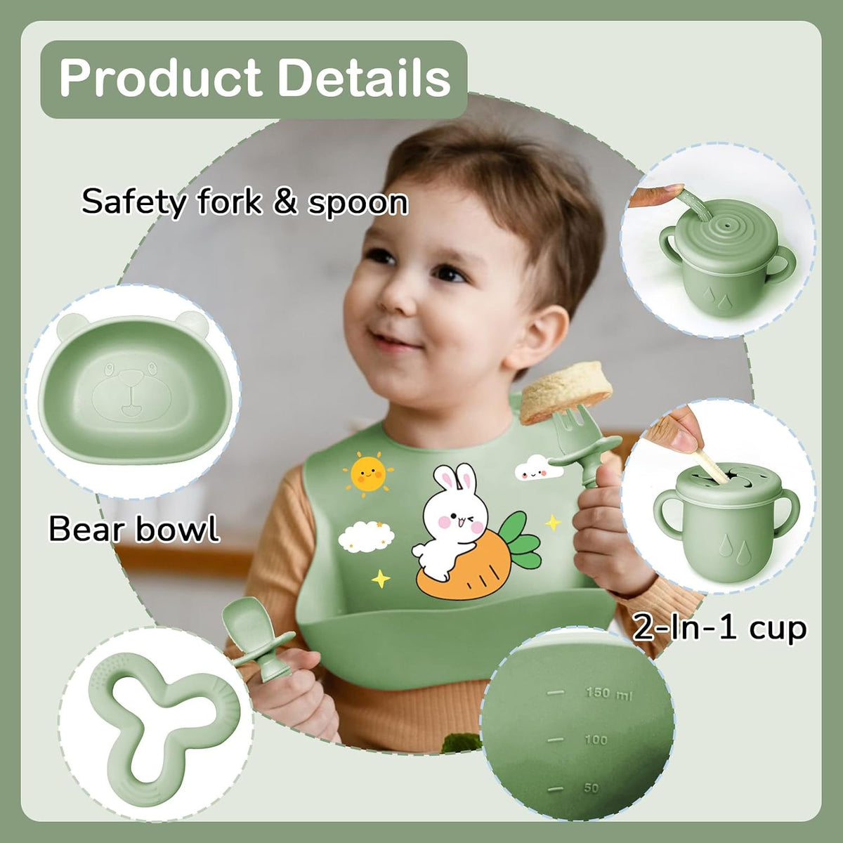 Silicone Baby Feeding Set, 11 Pcs Baby Led Weaning Supplies, Baby Spoons & Forks Suction Bowl Divided Plate Bib Cup, First Stage Solid Food Eating Utensils - 6+ Months (Green)