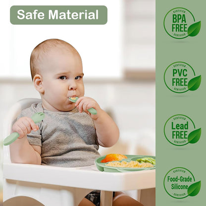 Silicone Baby Feeding Set, 11 Pcs Baby Led Weaning Supplies, Baby Spoons & Forks Suction Bowl Divided Plate Bib Cup, First Stage Solid Food Eating Utensils - 6+ Months (Green)
