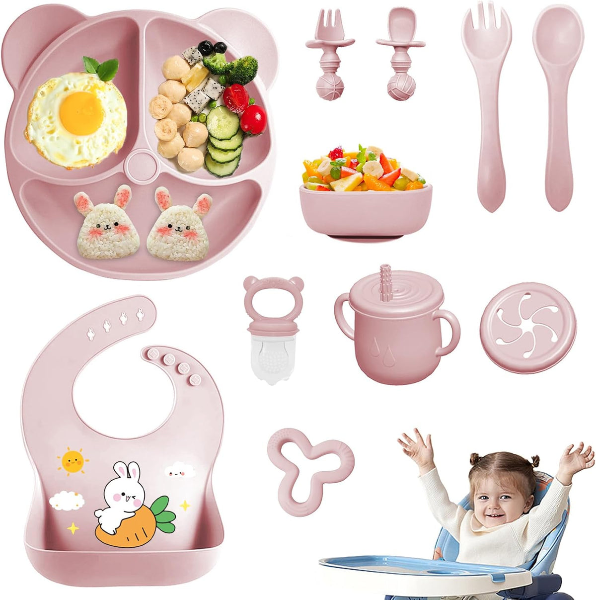 Silicone Baby Feeding Set, 11 Pcs Baby Led Weaning Supplies, Baby Spoons & Forks Suction Bowl Divided Plate Bib Cup, First Stage Solid Food Eating Utensils - 6+ Months (Green)