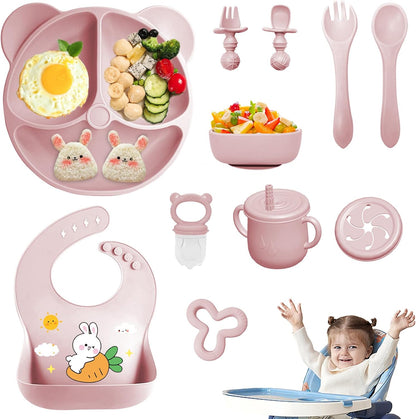 Silicone Baby Feeding Set, 11 Pcs Baby Led Weaning Supplies, Baby Spoons & Forks Suction Bowl Divided Plate Bib Cup, First Stage Solid Food Eating Utensils - 6+ Months (Green)
