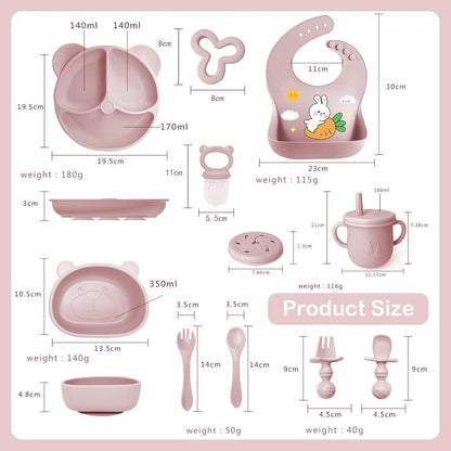 Silicone Baby Feeding Set, 11 Pcs Baby Led Weaning Supplies, Baby Spoons & Forks Suction Bowl Divided Plate Bib Cup, First Stage Solid Food Eating Utensils - 6+ Months (Green)