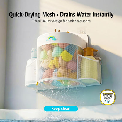 Hanging Bath Toy Storage - Large Opening Quick Dry Mesh Bath Toy Holder with 2 Side Pockets and Bottom Zipper, Space-Saving Bath Toy Organizer for Kids Bathtubs - White