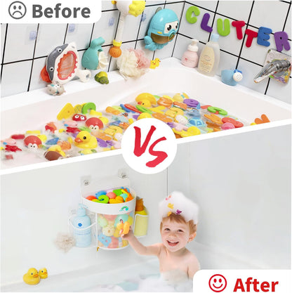 Hanging Bath Toy Storage - Large Opening Quick Dry Mesh Bath Toy Holder with 2 Side Pockets and Bottom Zipper, Space-Saving Bath Toy Organizer for Kids Bathtubs - White