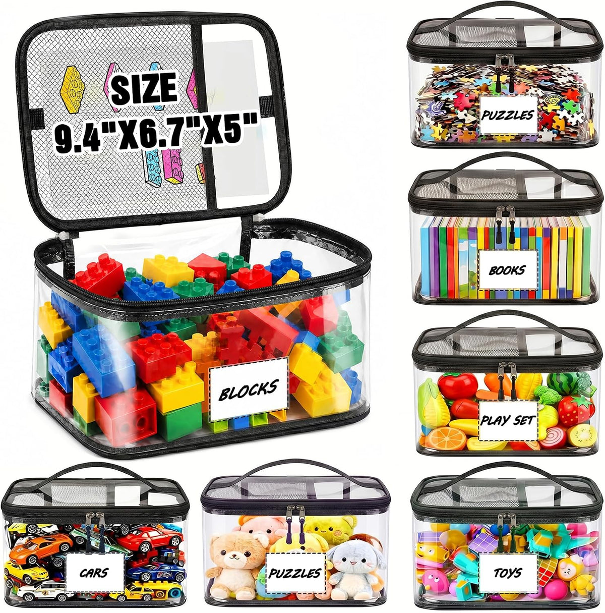 6-Pack Large Clear Toy Storage Bags Transparent Waterproof With Zippers & Labels Durable Reusable Organizer for Blocks,Puzzles & Games