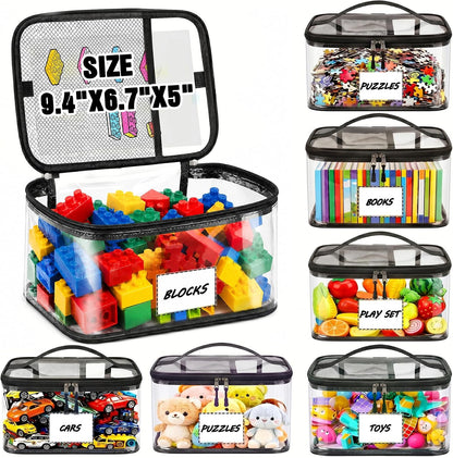6-Pack Large Clear Toy Storage Bags Transparent Waterproof With Zippers & Labels Durable Reusable Organizer for Blocks,Puzzles & Games