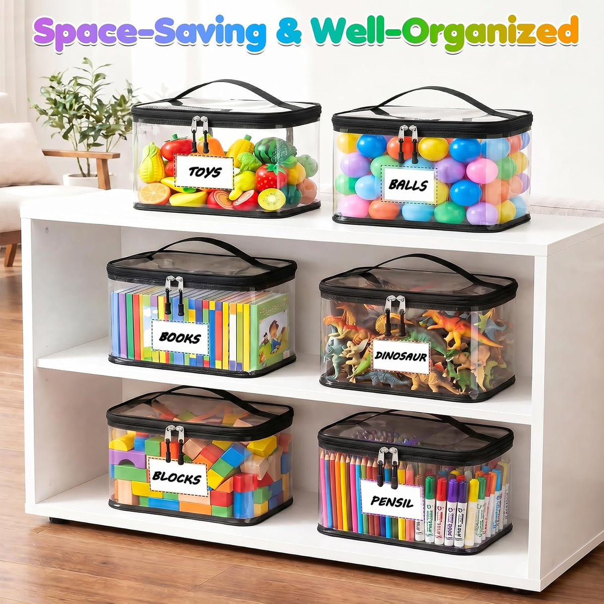 6-Pack Large Clear Toy Storage Bags Transparent Waterproof With Zippers & Labels Durable Reusable Organizer for Blocks,Puzzles & Games