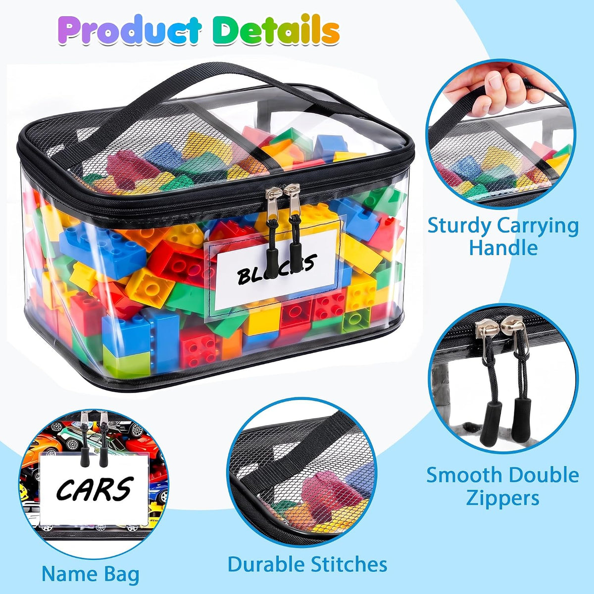 6-Pack Large Clear Toy Storage Bags Transparent Waterproof With Zippers & Labels Durable Reusable Organizer for Blocks,Puzzles & Games