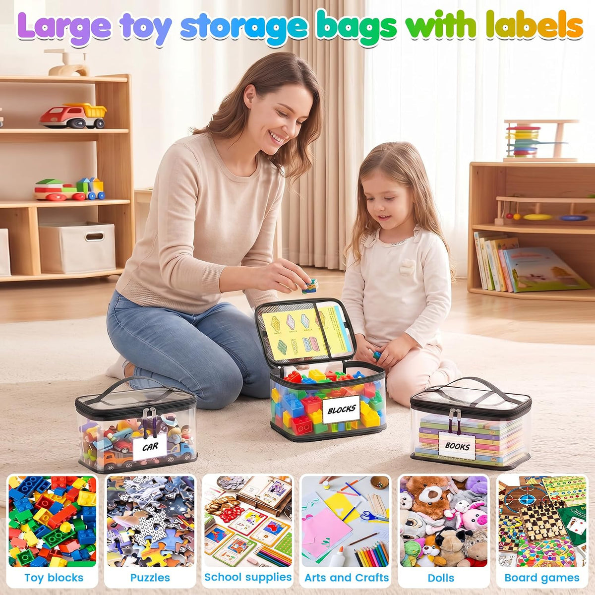 6-Pack Large Clear Toy Storage Bags Transparent Waterproof With Zippers & Labels Durable Reusable Organizer for Blocks,Puzzles & Games
