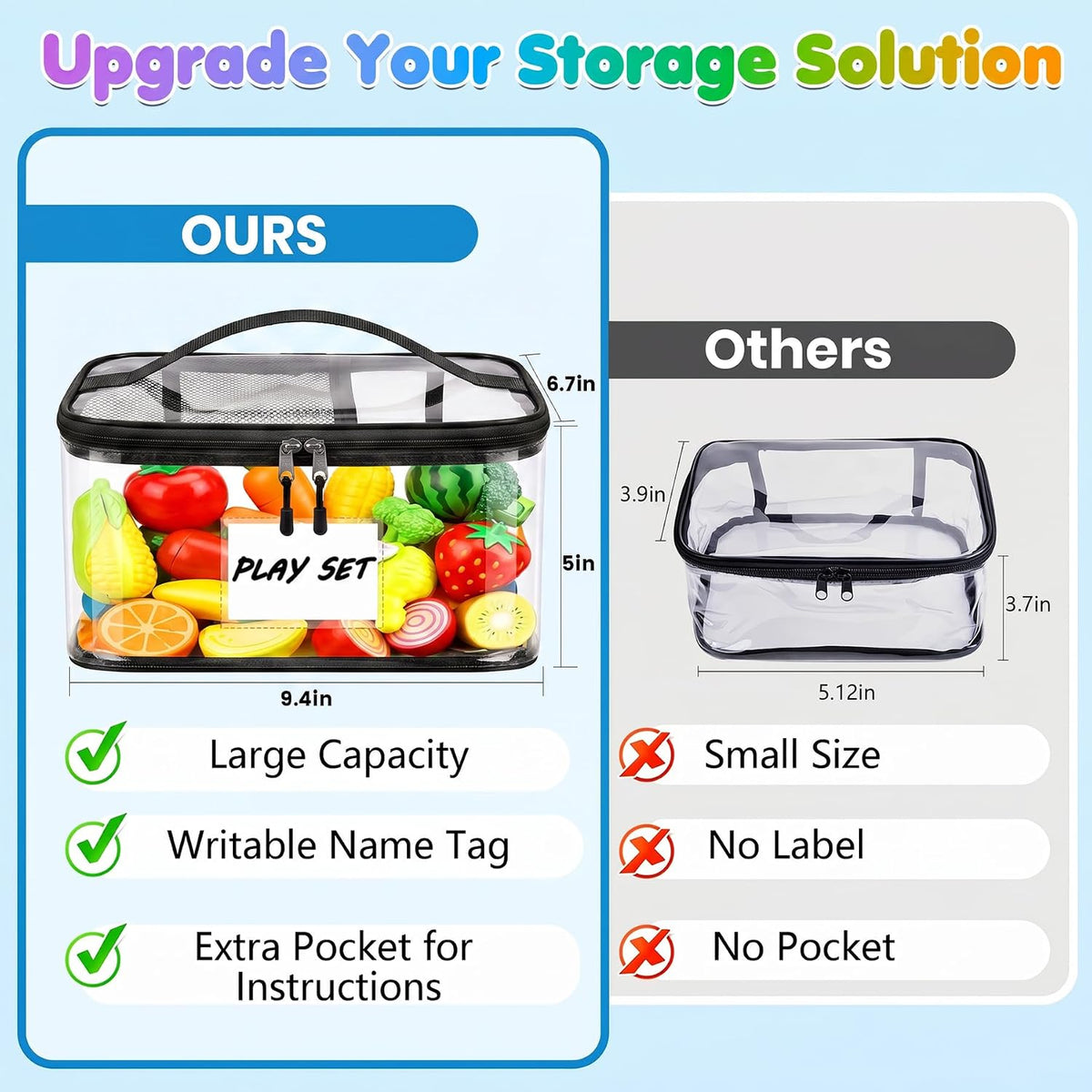 6-Pack Large Clear Toy Storage Bags Transparent Waterproof With Zippers & Labels Durable Reusable Organizer for Blocks,Puzzles & Games