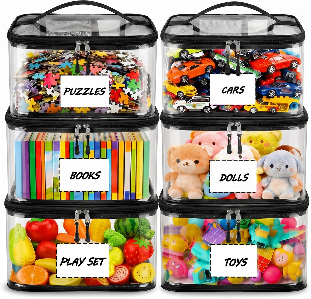 6-Pack Large Clear Toy Storage Bags Transparent Waterproof With Zippers & Labels Durable Reusable Organizer for Blocks,Puzzles & Games