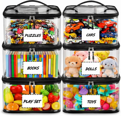6-Pack Large Clear Toy Storage Bags Transparent Waterproof With Zippers & Labels Durable Reusable Organizer for Blocks,Puzzles & Games