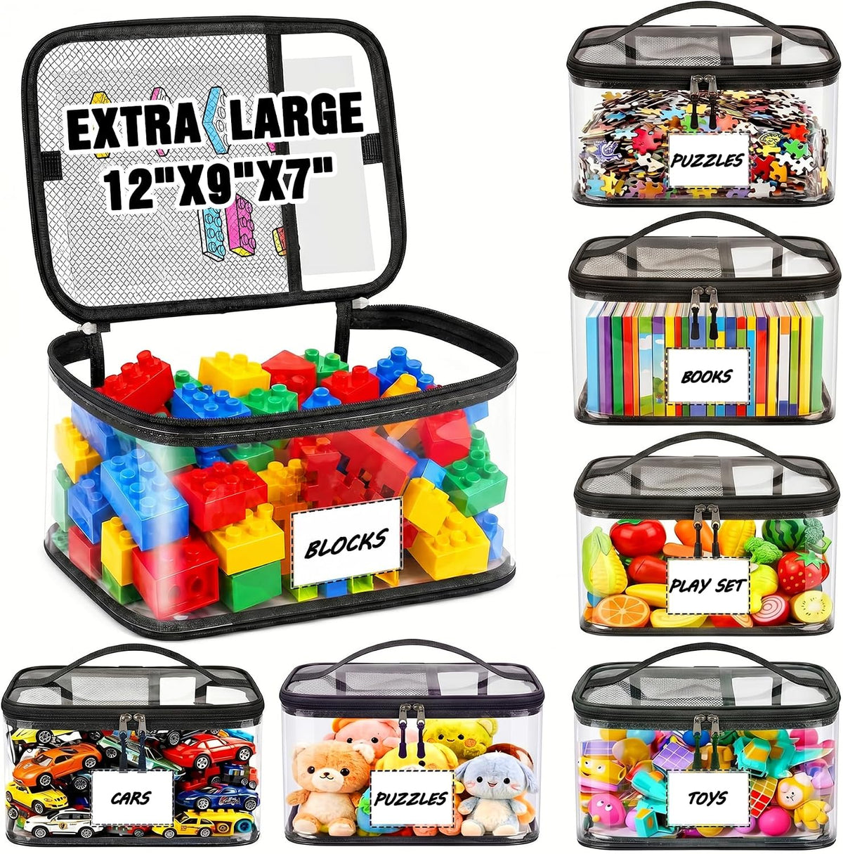 6-Pack Large Clear Toy Storage Bags Transparent Waterproof With Zippers & Labels Durable Reusable Organizer for Blocks,Puzzles & Games