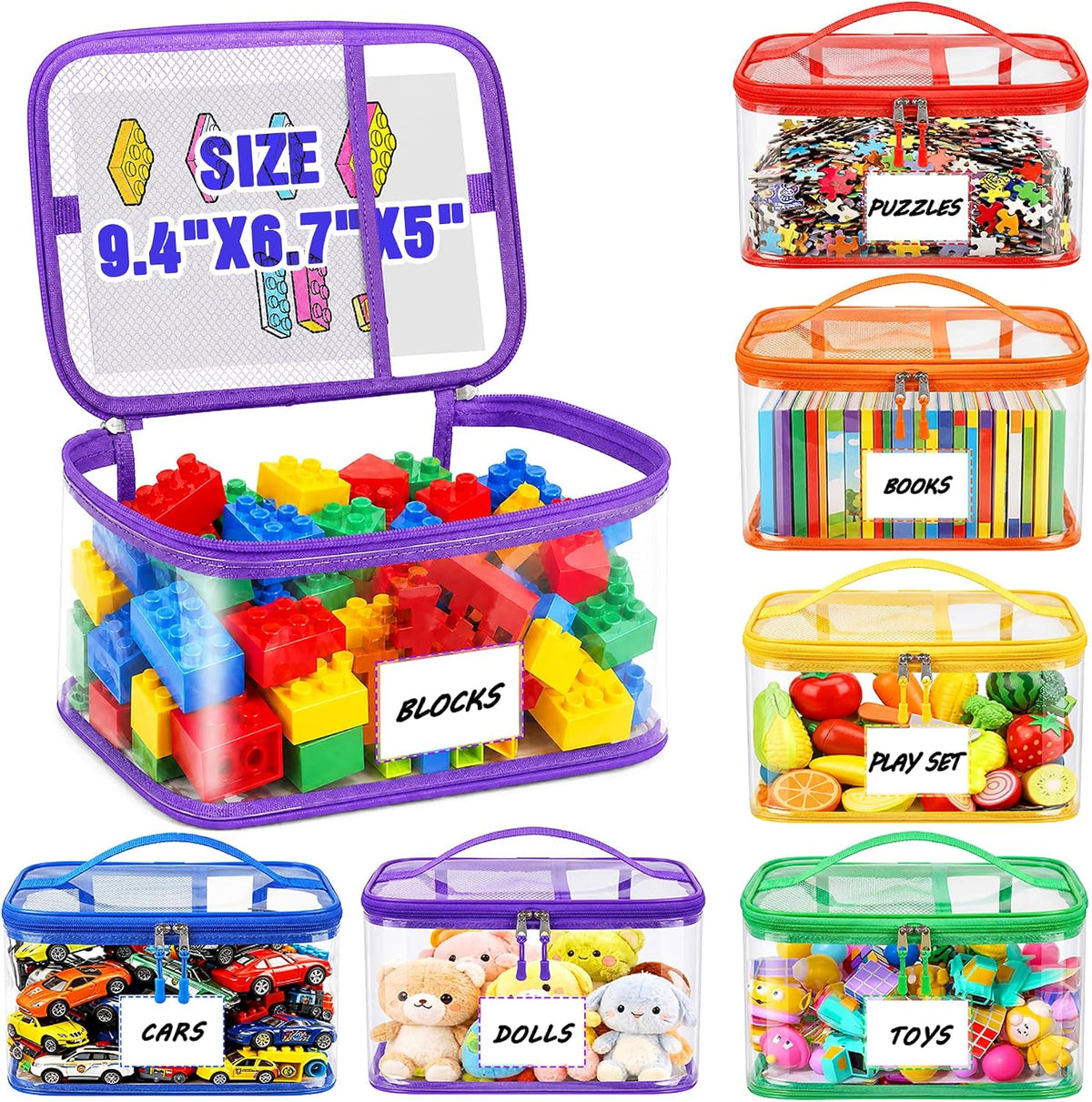 6-Pack Large Clear Toy Storage Bags Transparent Waterproof With Zippers & Labels Durable Reusable Organizer for Blocks,Puzzles & Games