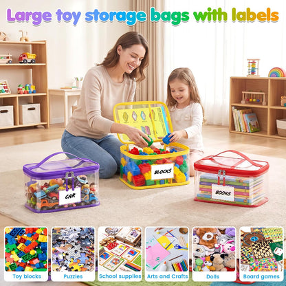 6-Pack Large Clear Toy Storage Bags Transparent Waterproof With Zippers & Labels Durable Reusable Organizer for Blocks,Puzzles & Games