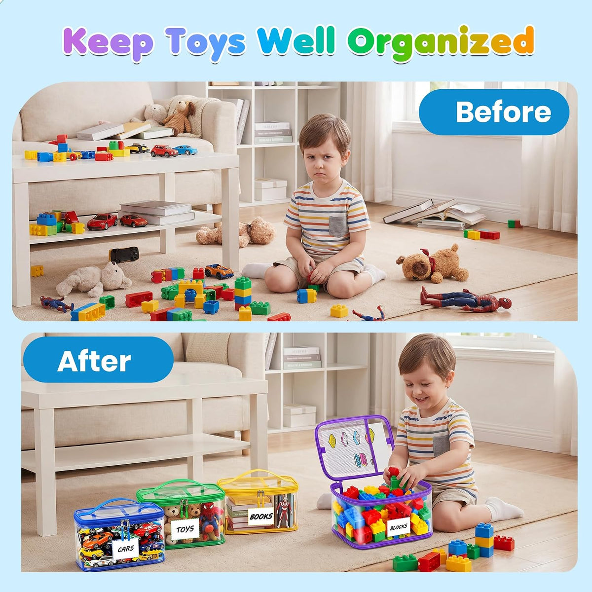 6-Pack Large Clear Toy Storage Bags Transparent Waterproof With Zippers & Labels Durable Reusable Organizer for Blocks,Puzzles & Games