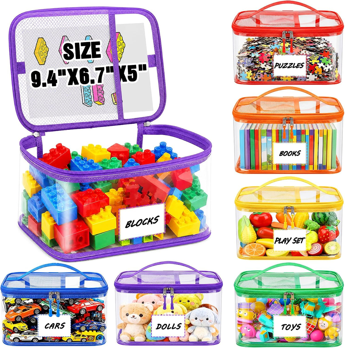 6-Pack Large Clear Toy Storage Bags Transparent Waterproof With Zippers & Labels Durable Reusable Organizer for Blocks,Puzzles & Games