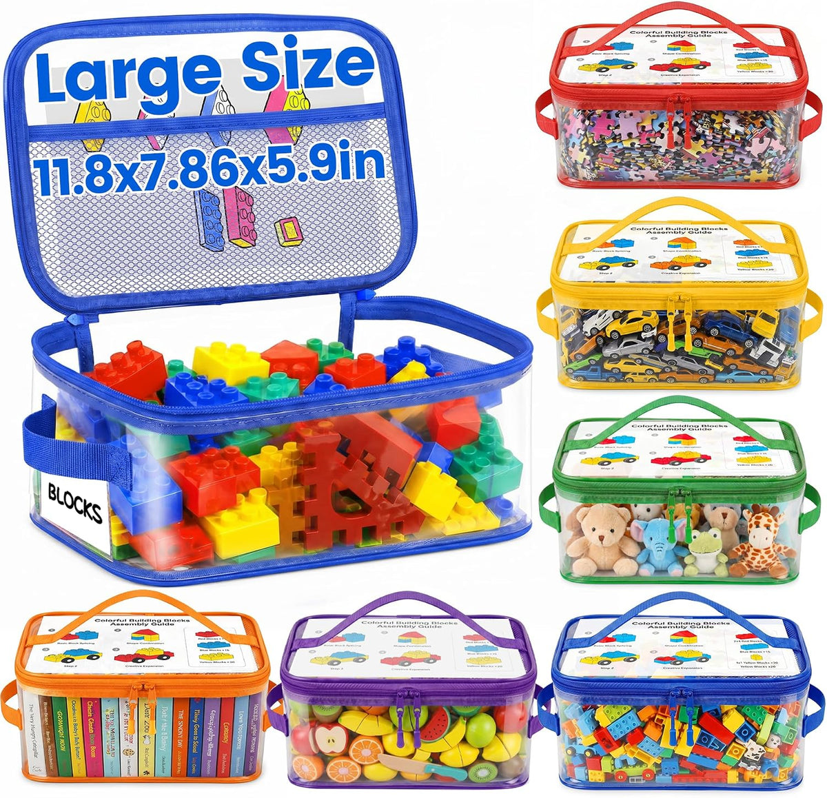 6-Pack Large Clear Toy Storage Bags Transparent Waterproof With Zippers & Labels Durable Reusable Organizer for Blocks,Puzzles & Games