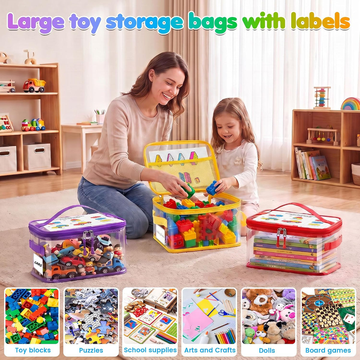 6-Pack Large Clear Toy Storage Bags Transparent Waterproof With Zippers & Labels Durable Reusable Organizer for Blocks,Puzzles & Games