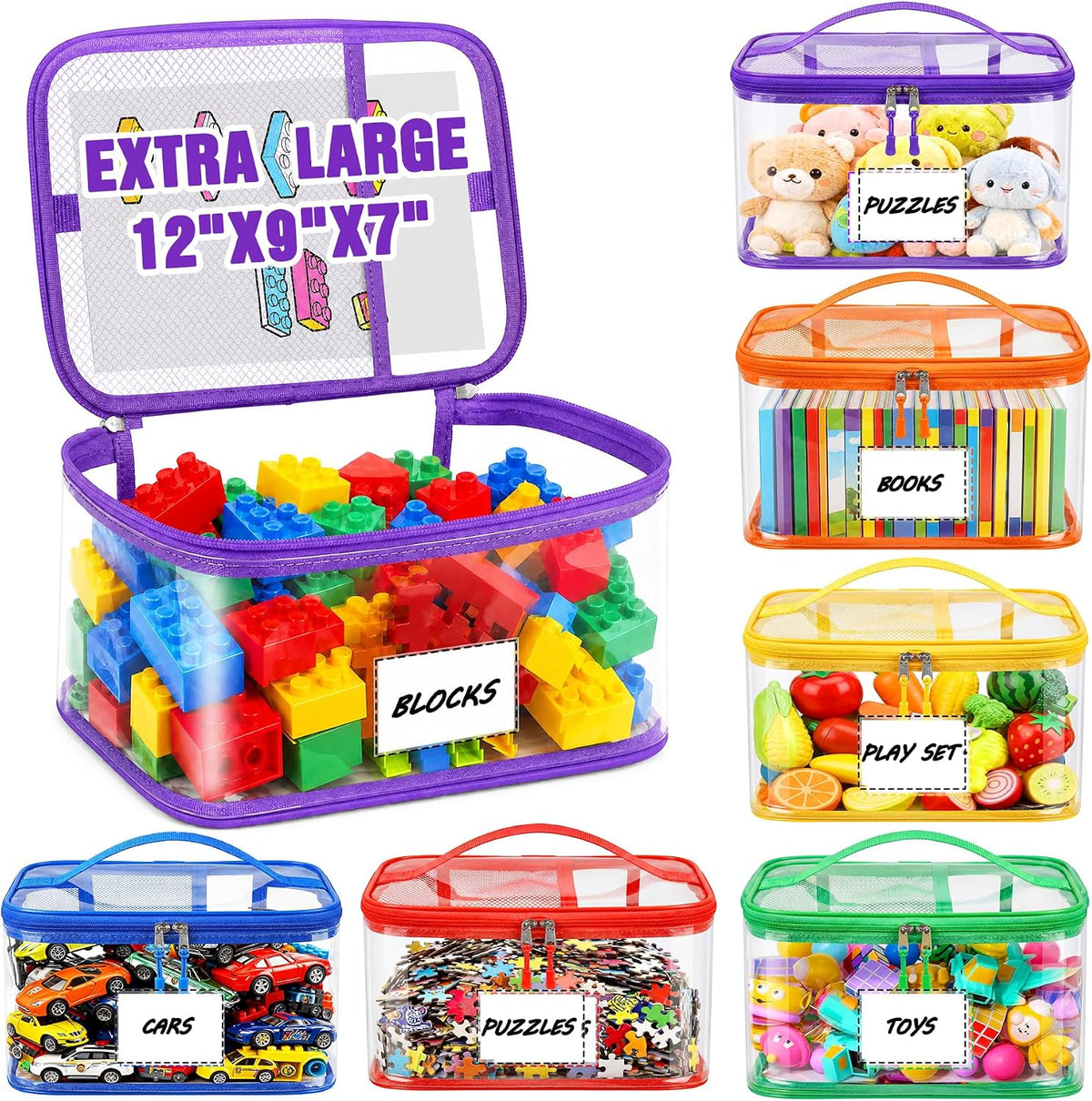 6-Pack Large Clear Toy Storage Bags Transparent Waterproof With Zippers & Labels Durable Reusable Organizer for Blocks,Puzzles & Games