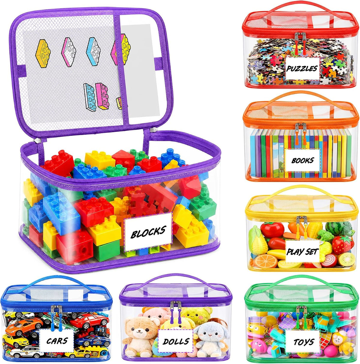 6-Pack Large Clear Toy Storage Bags Transparent Waterproof With Zippers & Labels Durable Reusable Organizer for Blocks,Puzzles & Games