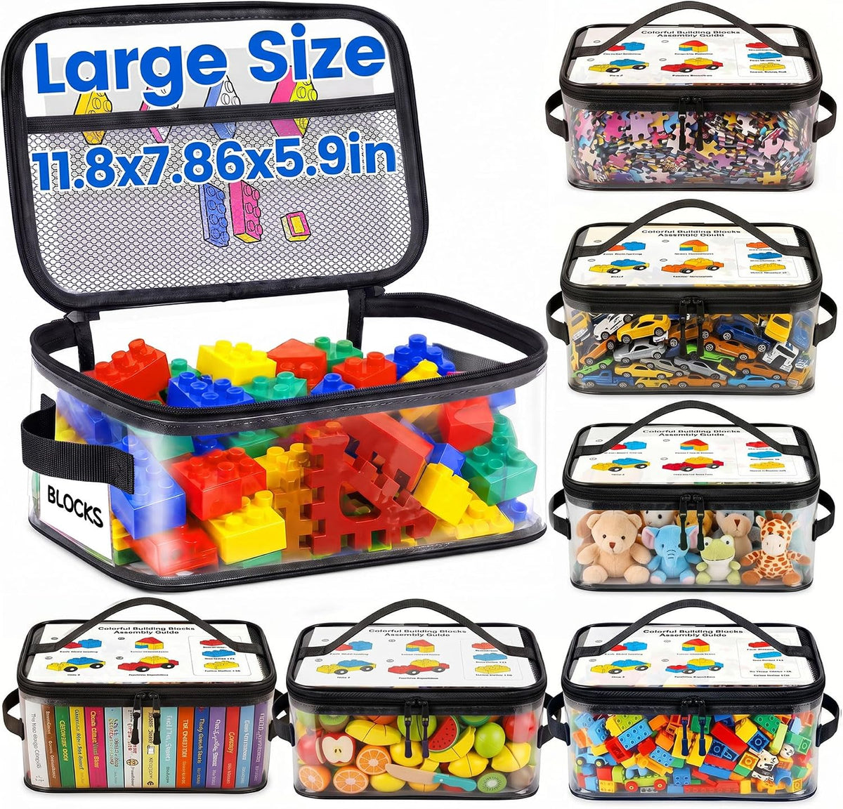 6-Pack Large Clear Toy Storage Bags Transparent Waterproof With Zippers & Labels Durable Reusable Organizer for Blocks,Puzzles & Games