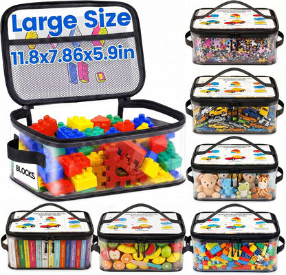 6-Pack Large Clear Toy Storage Bags Transparent Waterproof With Zippers & Labels Durable Reusable Organizer for Blocks,Puzzles & Games