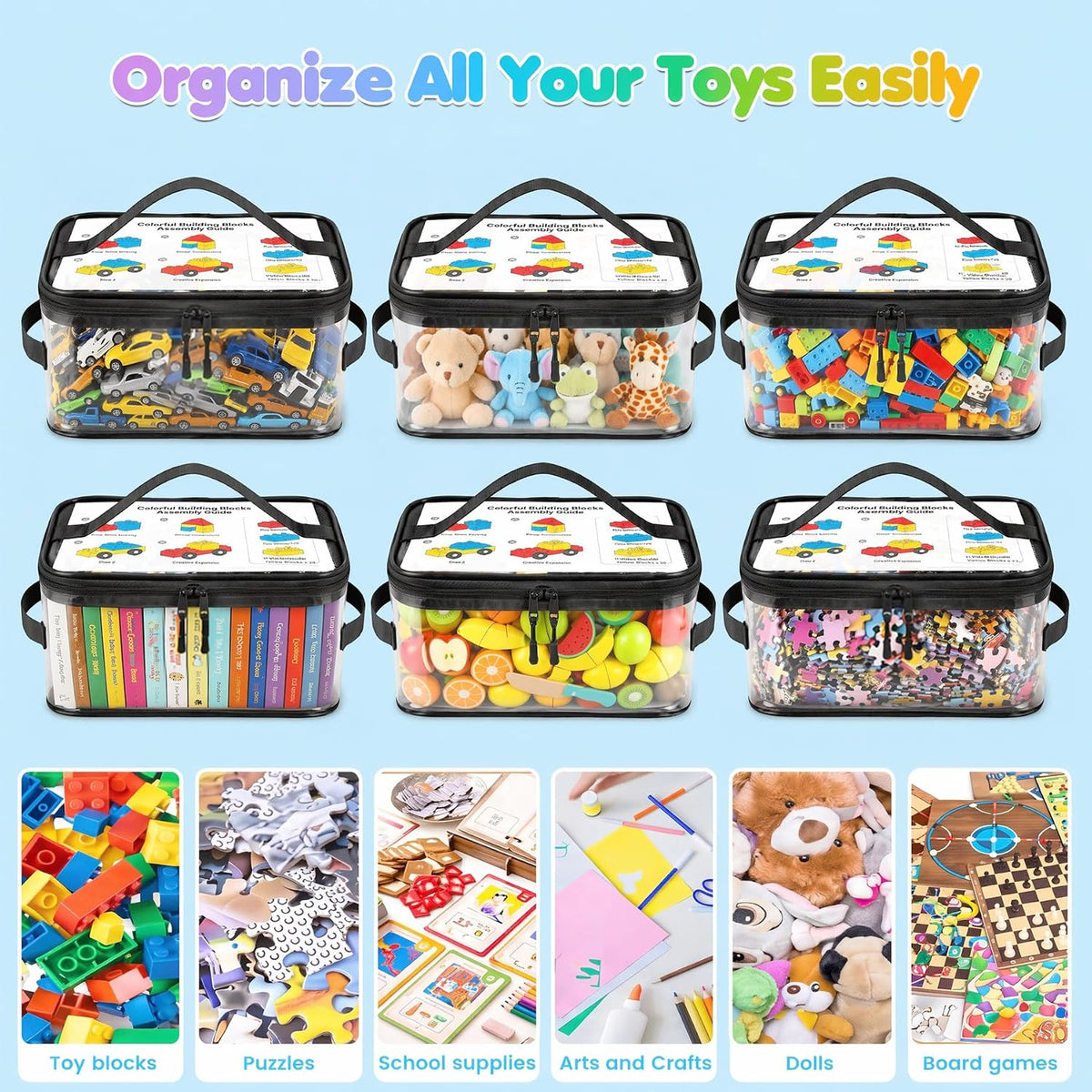 6-Pack Large Clear Toy Storage Bags Transparent Waterproof With Zippers & Labels Durable Reusable Organizer for Blocks,Puzzles & Games