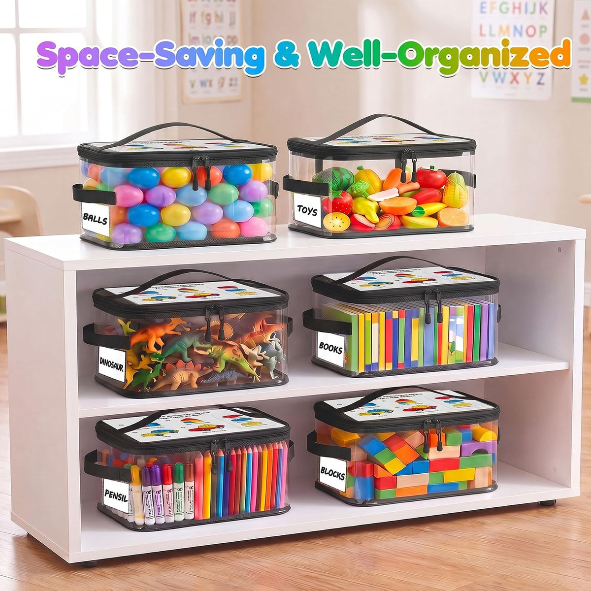 6-Pack Large Clear Toy Storage Bags Transparent Waterproof With Zippers & Labels Durable Reusable Organizer for Blocks,Puzzles & Games
