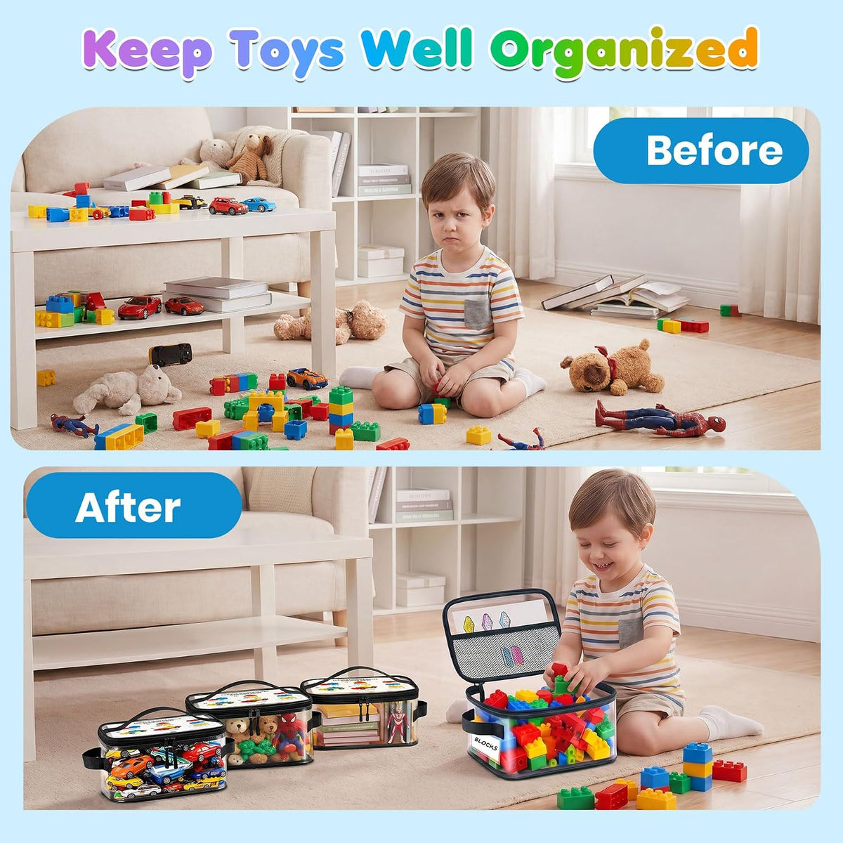 6-Pack Large Clear Toy Storage Bags Transparent Waterproof With Zippers & Labels Durable Reusable Organizer for Blocks,Puzzles & Games