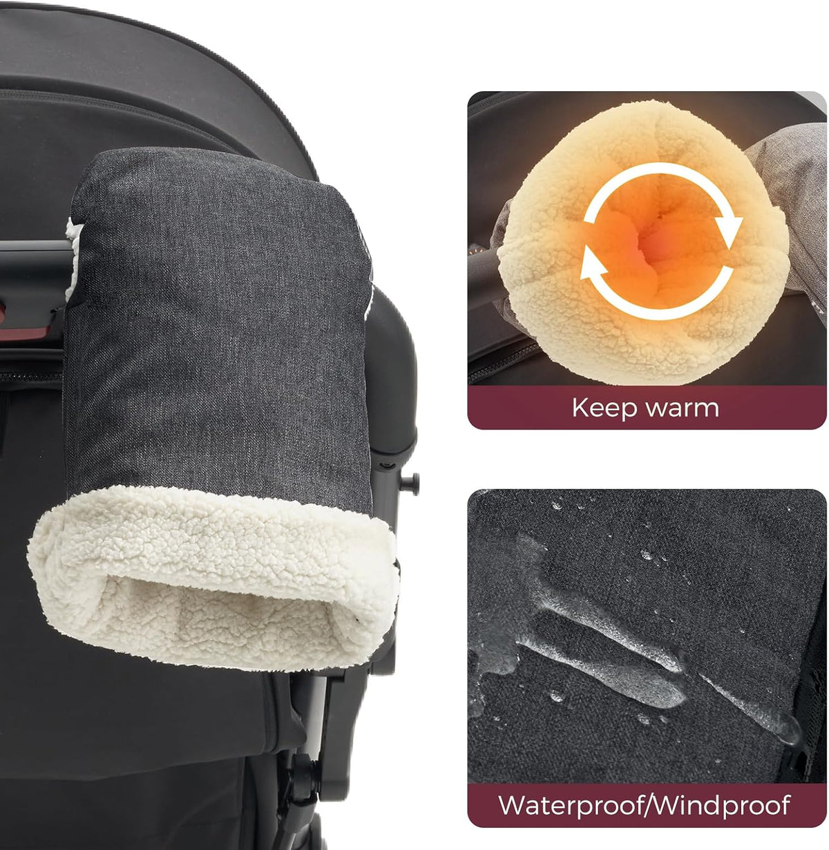 Universal Stroller Gloves, Plush Weatherproof Winter Handmuffs
