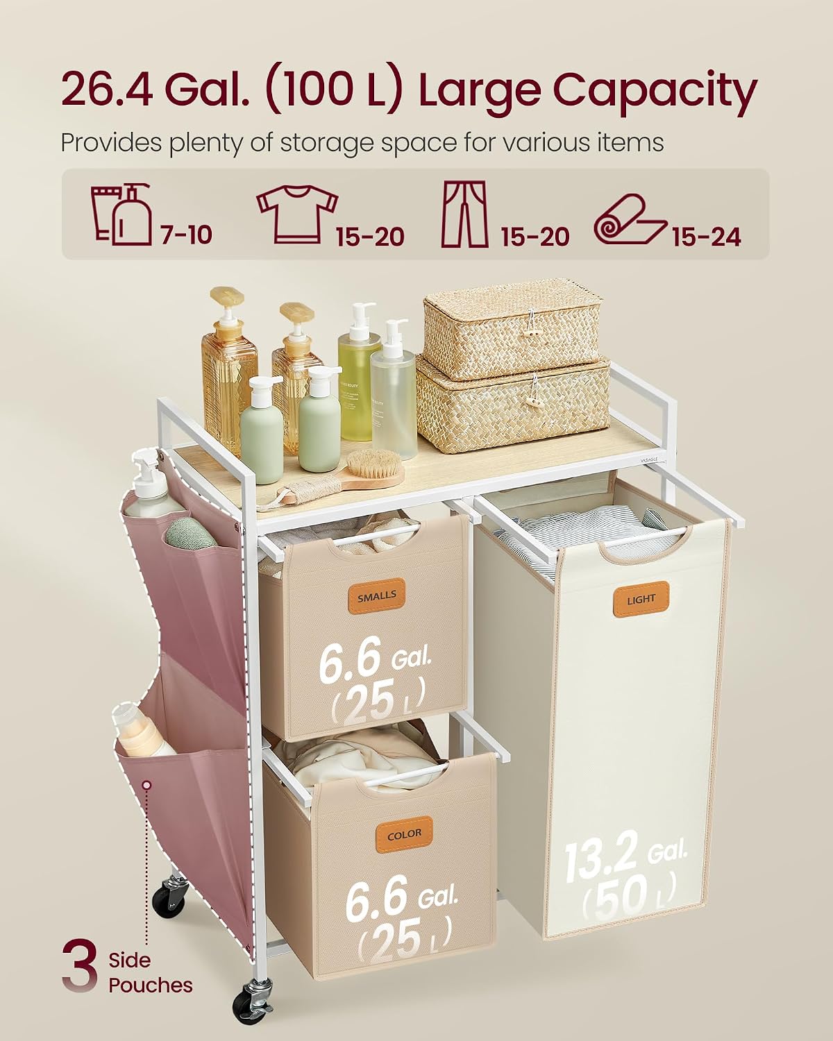 VASAGLE Laundry Hamper 3 Section, Laundry Sorter, 26.4 Gal. (100 L)