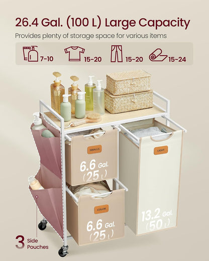 VASAGLE Laundry Hamper 3 Section, Laundry Sorter, 26.4 Gal. (100 L)