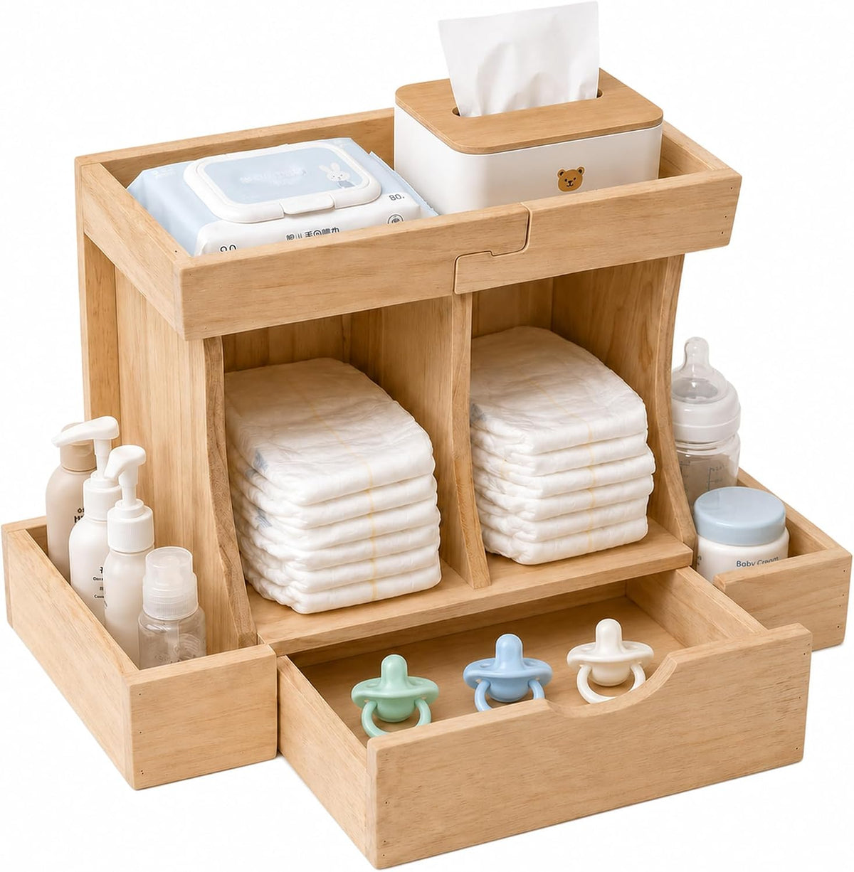 Diaper Organizer with Drawer, Wooden Changing Table Organizer