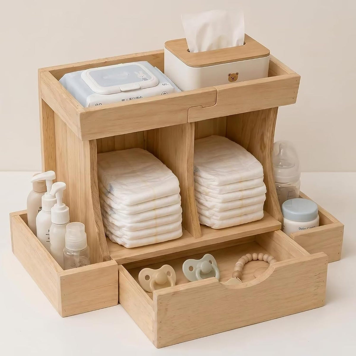 Diaper Organizer with Drawer, Wooden Changing Table Organizer