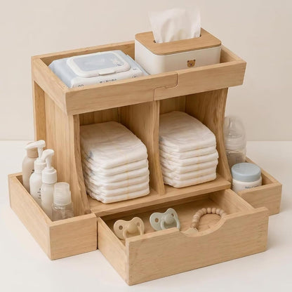 Diaper Organizer with Drawer, Wooden Changing Table Organizer