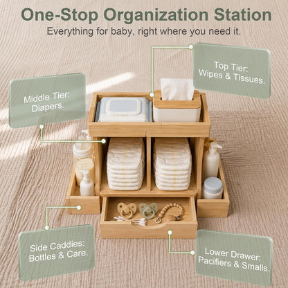 Diaper Organizer with Drawer, Wooden Changing Table Organizer