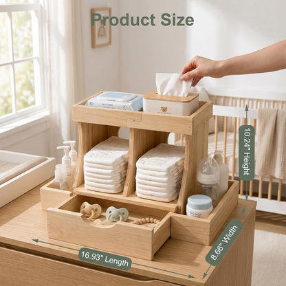 Diaper Organizer with Drawer, Wooden Changing Table Organizer
