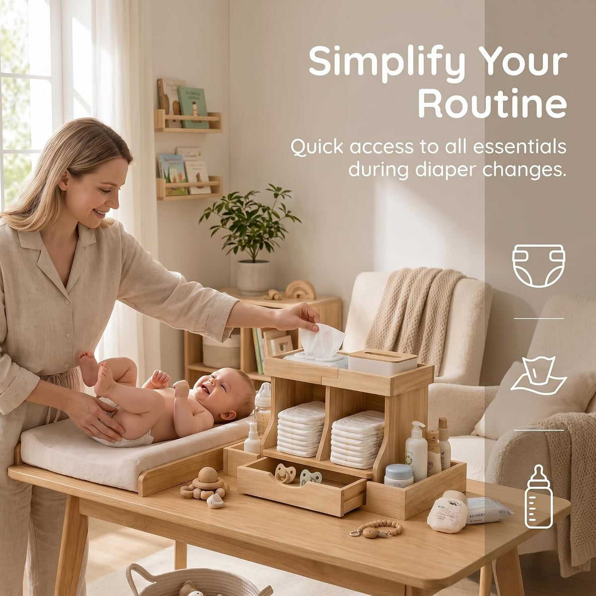 Diaper Organizer with Drawer, Wooden Changing Table Organizer