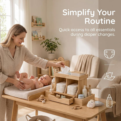 Diaper Organizer with Drawer, Wooden Changing Table Organizer