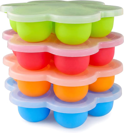 Baby Ice Cube Tray, 4 Pack Silicone Icecube Trays with Lid for Freezer 7-compartment Freezer Trays for Puree, Red, Orange, Blue, Green (1.85in Each Grid)..