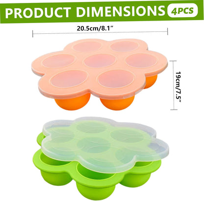 Baby Ice Cube Tray, 4 Pack Silicone Icecube Trays with Lid for Freezer 7-compartment Freezer Trays for Puree, Red, Orange, Blue, Green (1.85in Each Grid)..