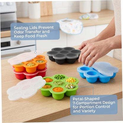 Baby Ice Cube Tray, 4 Pack Silicone Icecube Trays with Lid for Freezer 7-compartment Freezer Trays for Puree, Red, Orange, Blue, Green (1.85in Each Grid)..