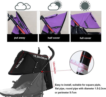 Summer Baby Strollers Awning Sunshade Pram Sun Shade Cover UPF50+ Sun Cover for Pushchair Buggy UV Protection Sun Visor Toddler Blackout Blind with Viewing Window Pockets Windproof Rain Cover Canopy
