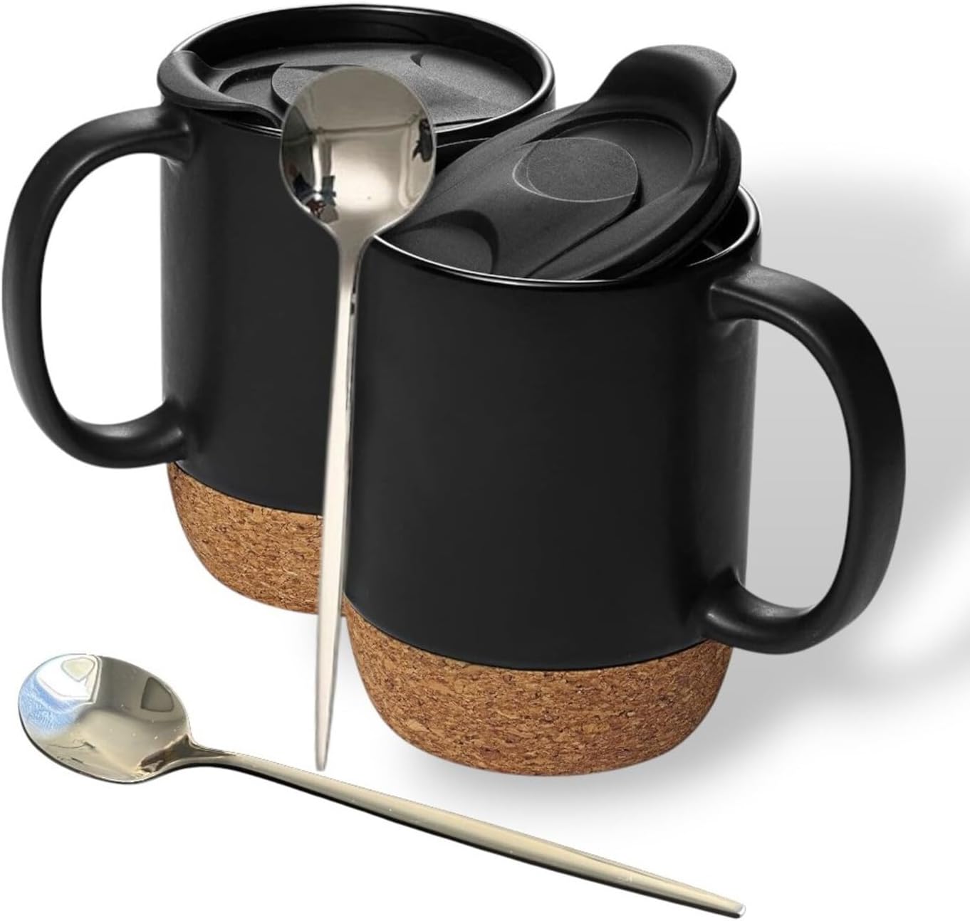 Coffee Mugs Set of 2, 15 oz Ceramic Mugs with Lid, Spill Resistant, Black | Spill-Resistant Sliding Lid, Non-Slip Base, Includes 2 Stainless Steel Spoons