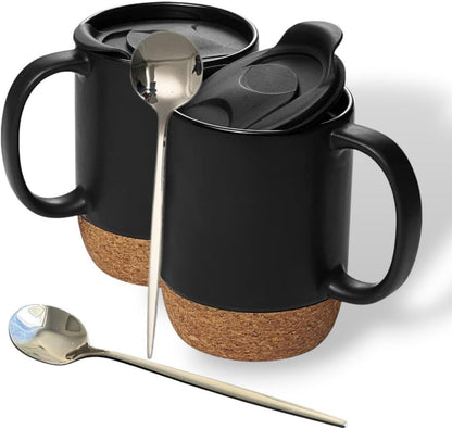 Coffee Mugs Set of 2, 15 oz Ceramic Mugs with Lid, Spill Resistant, Black | Spill-Resistant Sliding Lid, Non-Slip Base, Includes 2 Stainless Steel Spoons