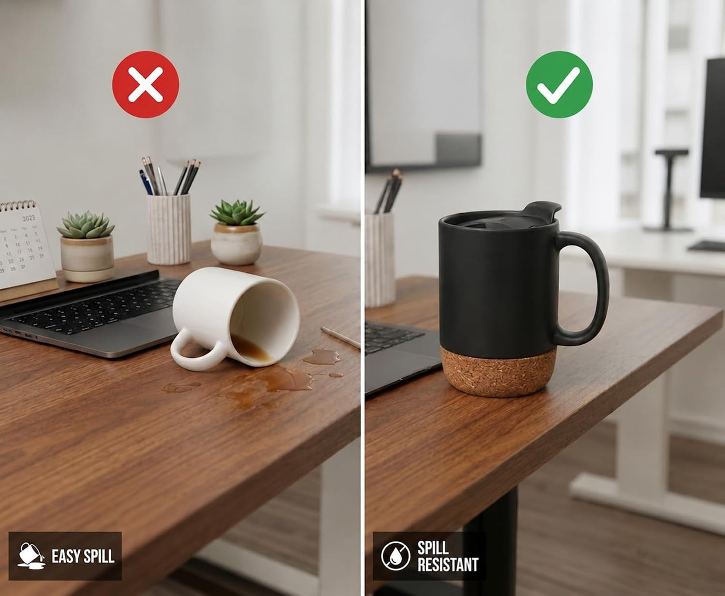 Coffee Mugs Set of 2, 15 oz Ceramic Mugs with Lid, Spill Resistant, Black | Spill-Resistant Sliding Lid, Non-Slip Base, Includes 2 Stainless Steel Spoons