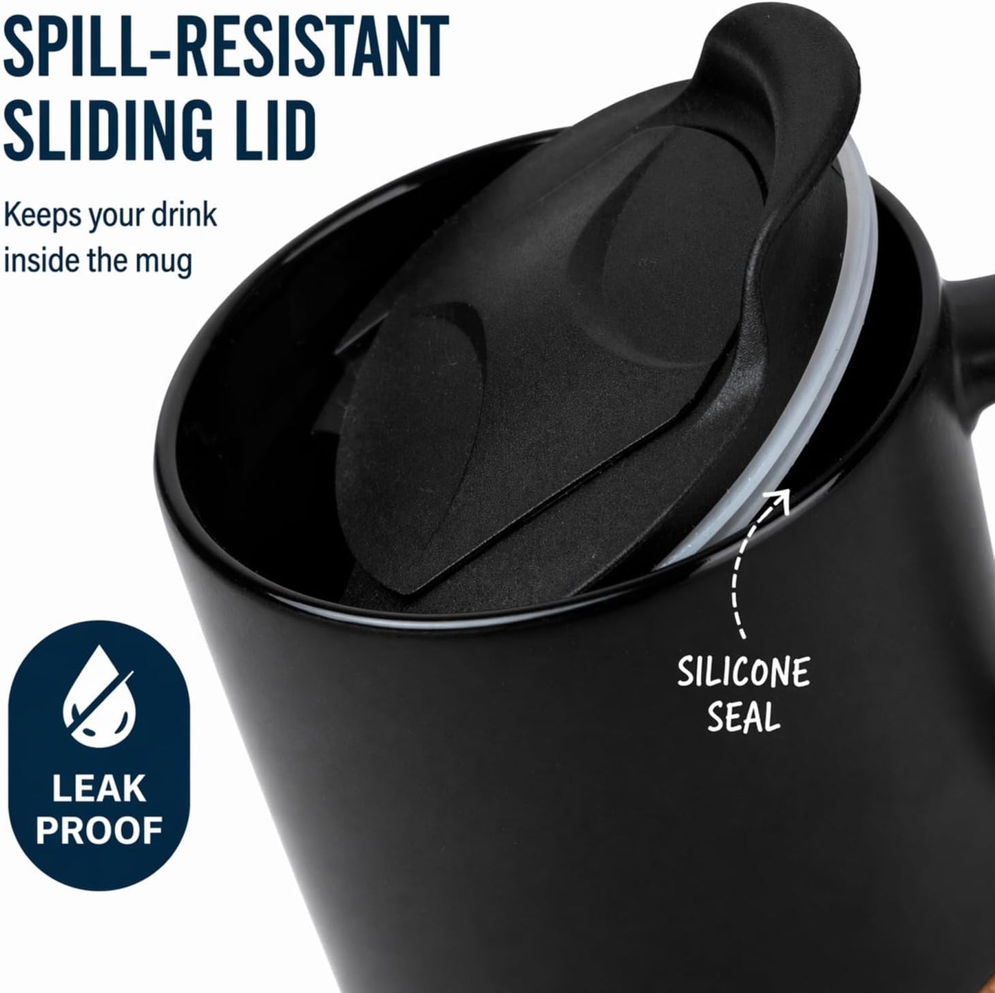 Coffee Mugs Set of 2, 15 oz Ceramic Mugs with Lid, Spill Resistant, Black | Spill-Resistant Sliding Lid, Non-Slip Base, Includes 2 Stainless Steel Spoons