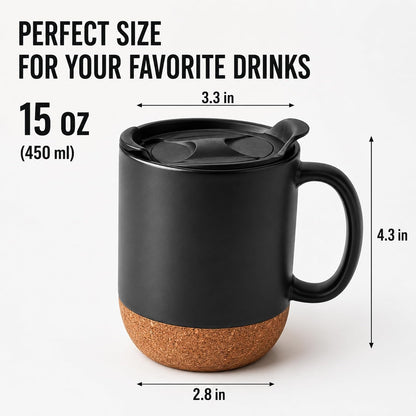 Coffee Mugs Set of 2, 15 oz Ceramic Mugs with Lid, Spill Resistant, Black | Spill-Resistant Sliding Lid, Non-Slip Base, Includes 2 Stainless Steel Spoons
